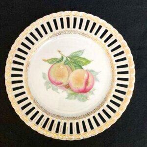 Vintage Ucagco Porcelain Ceramic Fruit Plate Peaches Reticulated Gilded Japan
